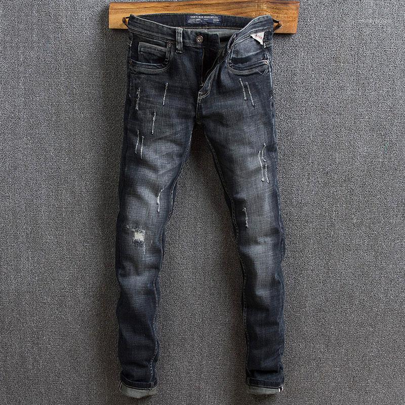 

Italian Vintage Style Fashion Men Jeans Black Blue Color Slim Fit Ripped Jeans Men Top Quality Streetwear Hip Hop Designer1