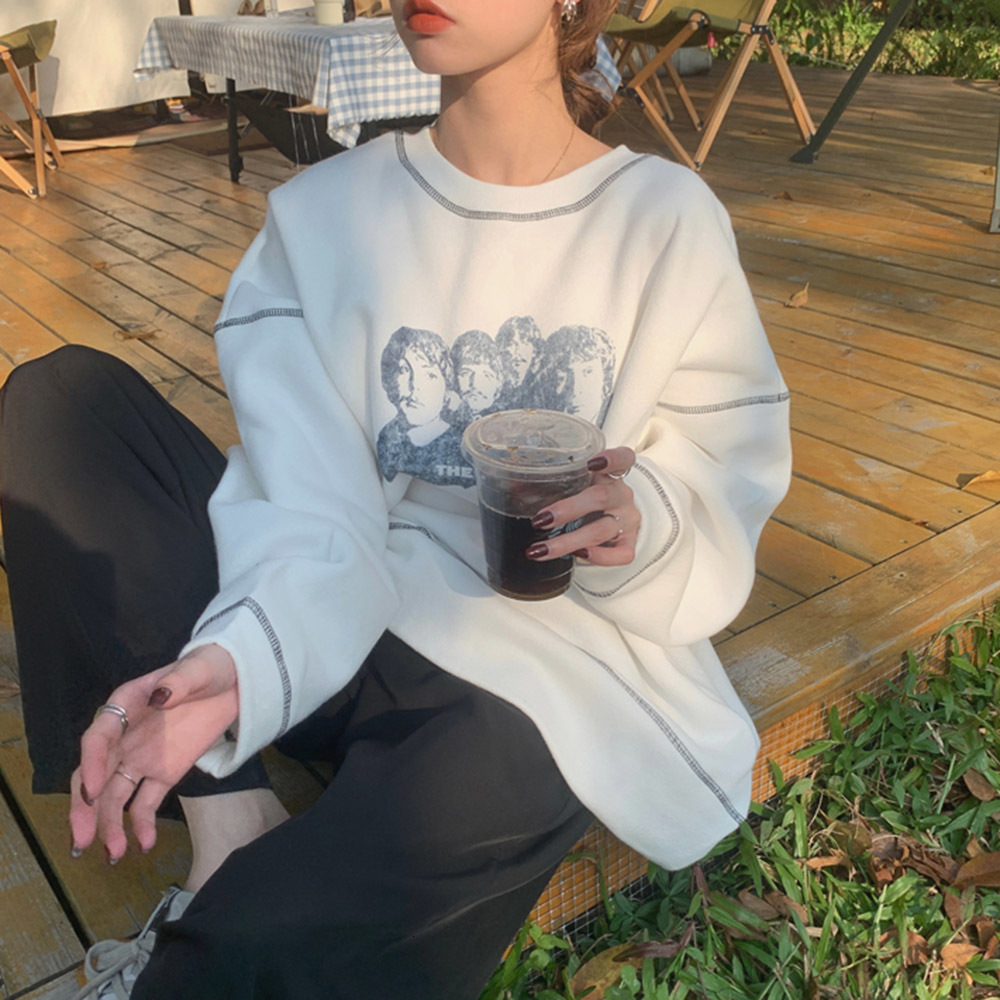 

2021 New Korean Version Pullover Fashion Cashmere Keep Warm Autumn Winter Printing Round Neck Long Sleeve Sweater UH8L, White