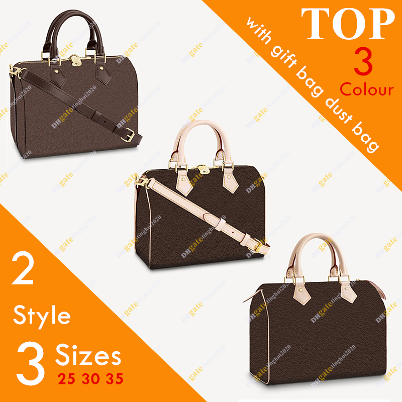 

Ladies Fashion High-quality SPEEDY Shoulder Bag Flower & Checkerboard Handbag Messenger Bag Boston Bag M41112 Size 25 30 35 Free Shipping, Portable/brown flower 25cm