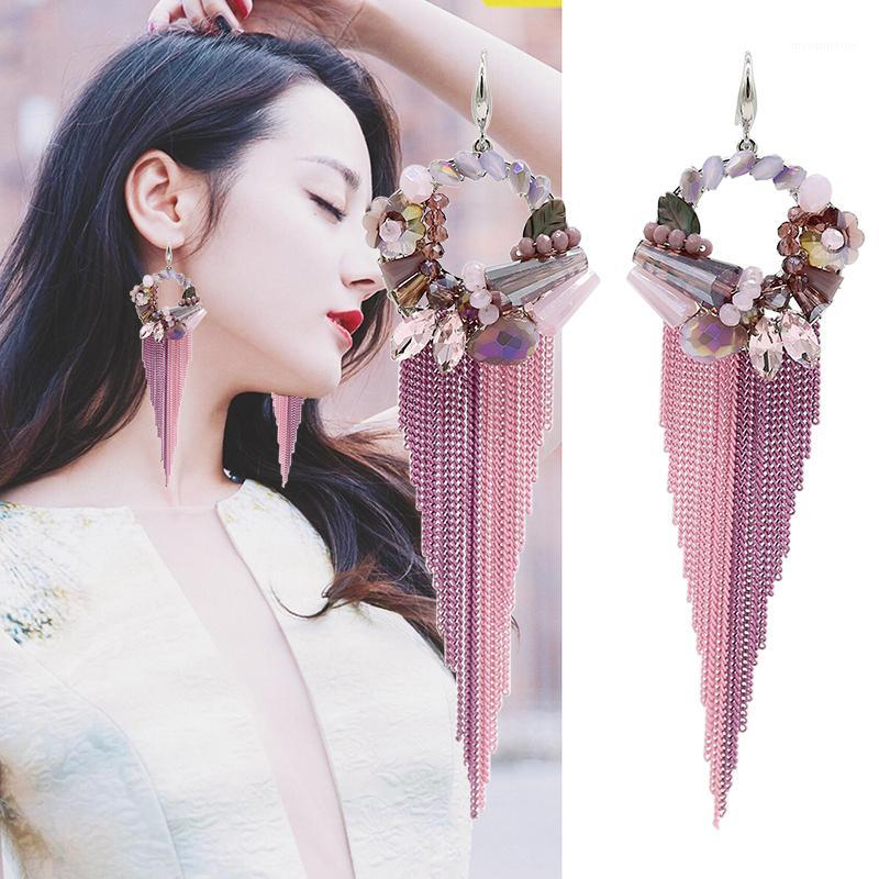 

New Crystal Handmade beaded Boho Chain Drop Long Tassel Earrings For Women Red purple colorful bohemian jewelry Wife mother Gift1