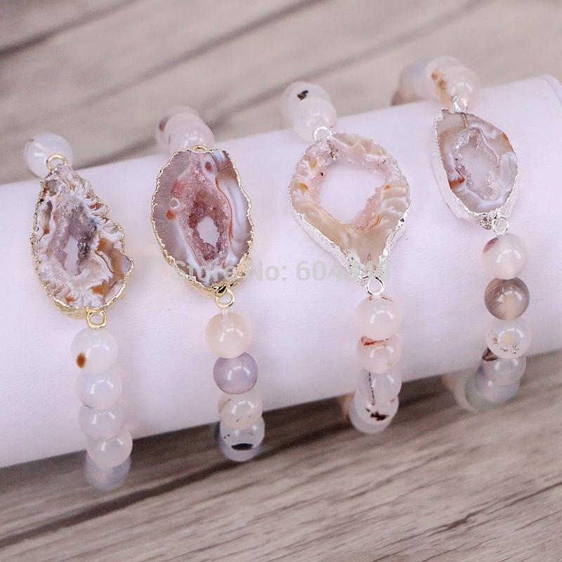 

5 Strand Zyunz Nature geode connector bracelets, round stone beads stretch bracelets charm jewelry