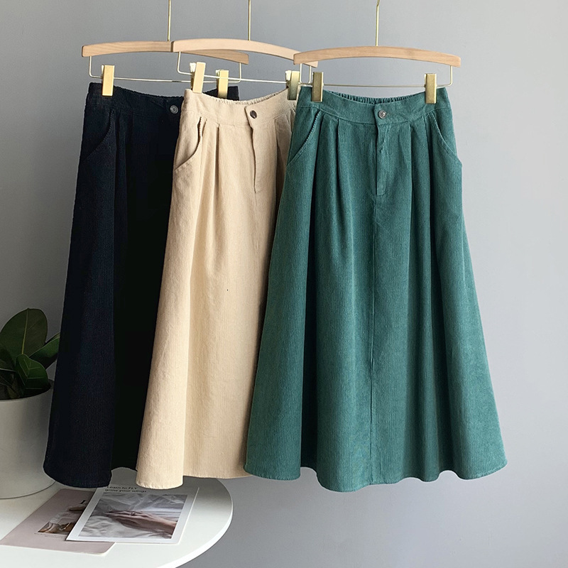 

2021 New Spring High Waist Pure Color Cotton Corduroy Women with Pocket A-line Long Casual Skirt Faldas Jupe Femme Saia Uo8c, Khaki