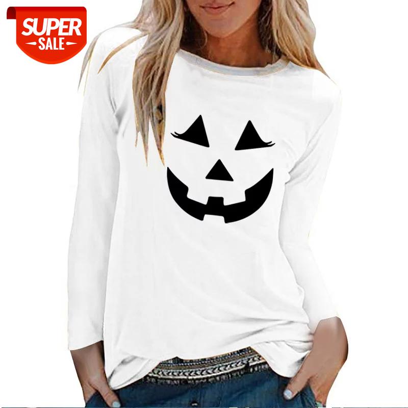 

Halloween Smile Emotion Printed Long Sleeve T-shirts Women Autumn Winter 2020 Shirts for Women Casual White O Neck Graphic Tees #uB33