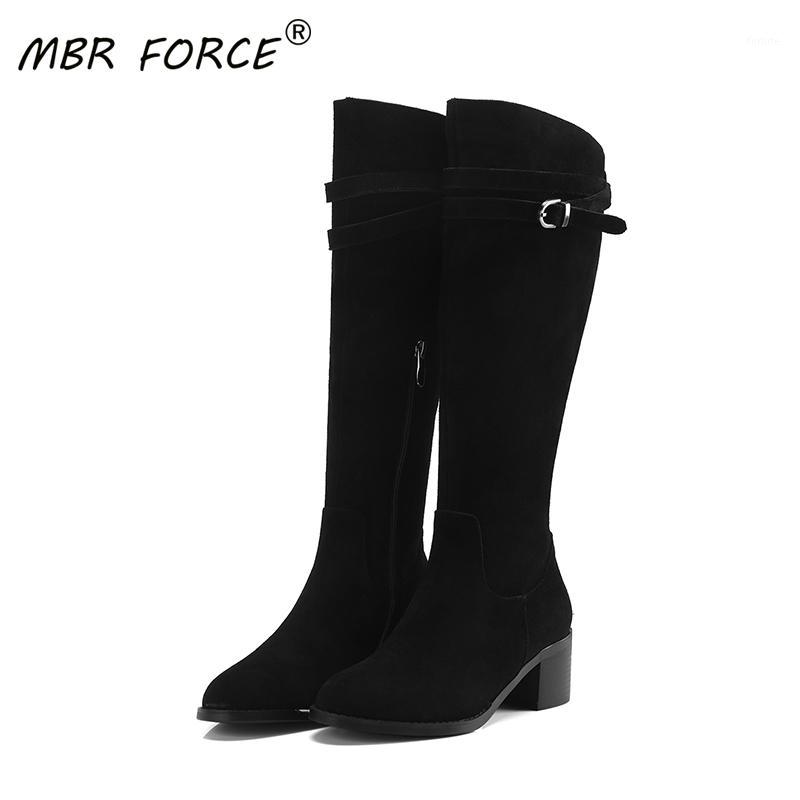

MBR FORCE winter high quality cow suede leather ladies round toe fashion all-match exquisite belt buckle decorated high boots1, Black
