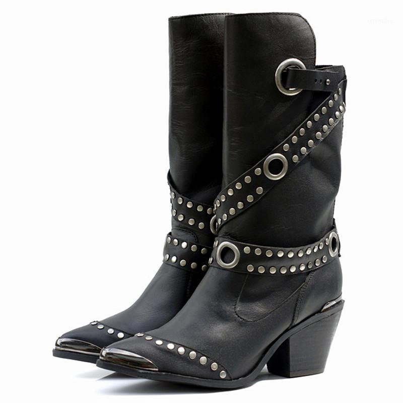 

Black Iron Pointed Toe Women Mid-Calf Boots Chunky High Heel Boot Rivets Studded Botas Mujer Rubber Riding Boots1