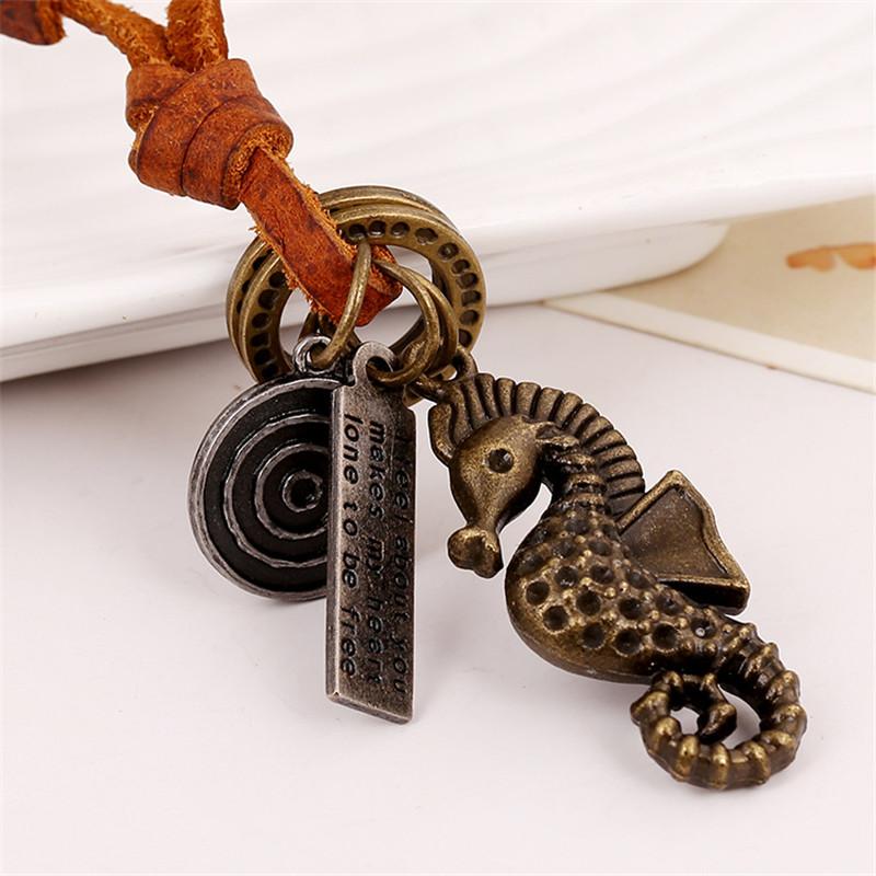 

Fashion Long Genuine Leather Men Jewelry Vintage Cute Hippocampus Pendants Necklace Men P76