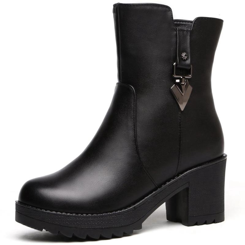 

BONJOMARISA ladies high heels stylish short plush ankle boots metal round toe add fur warm boots women winter brand shoes woman, Black