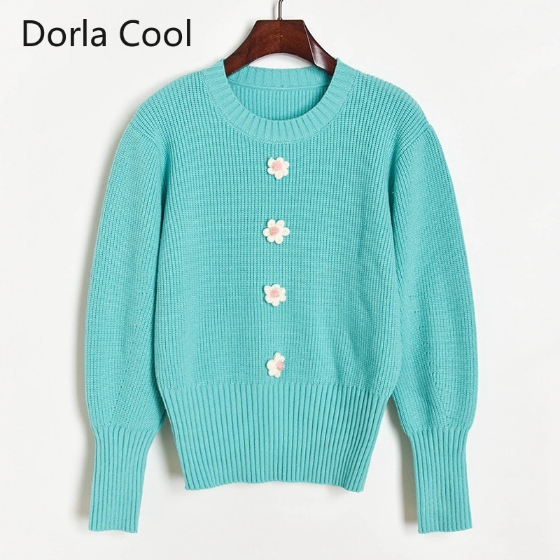 

New Casual Woman Sweater Mesh Long Sleeve Sweet Lantern Flowers Girl Party Crochet Girl' Neck Solid Jumper Tops Gtxq, Picture color