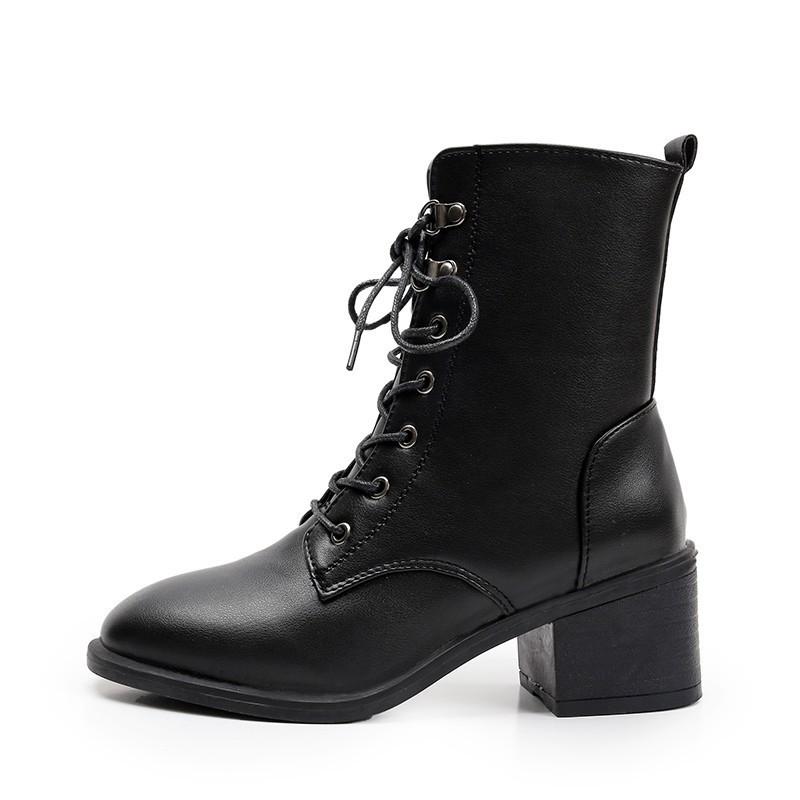 

Women's Shoes autumn/Winter 2021 middle heel boots comfortable non-slip flat bottom lace-up side zipper fashion boots, Black