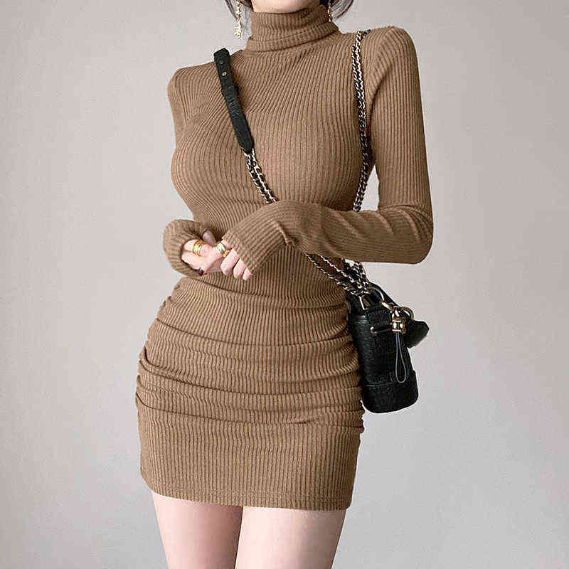 

Brown Ribbed Knit Turtleneck Long Sleeve Winter Runched Dresses For Women 2020 Autumn Bodycon Lady Short Black Sheath Mini Dress G1223