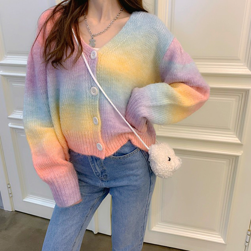 

New Raiow Knitted Winter Sweet Short Cardigan High Street Streetwear Korean Sweater Coat Women 2021 A16s, Rainbow sweater