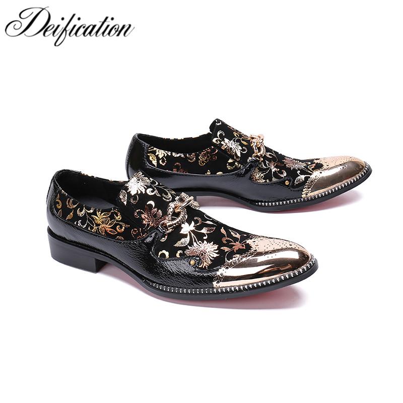 

Deification Handmade Italian Leather Men Dress Shoes Gold Flowers Printed Men Loafers Chic Slip on Prom Shoes Casual, As pic