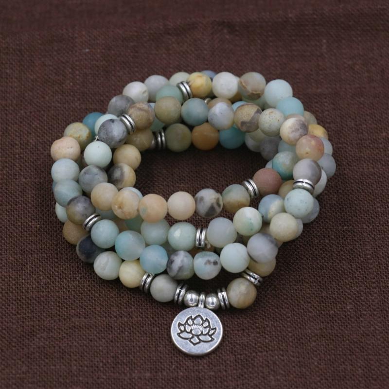 

Fashion Women Bracelet Matte Frosted Amazonite Beads With Lotus OM Buddha Charm Yoga Bracelet 108 Mala Necklace Men jewelry