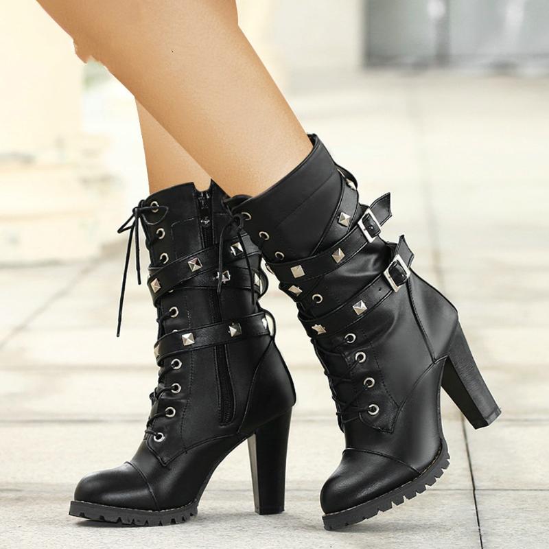 

Motorcycle Ankle Boots Western Rivets Women Boots Shoes Woman Autumn Winter High Heel Women, Black