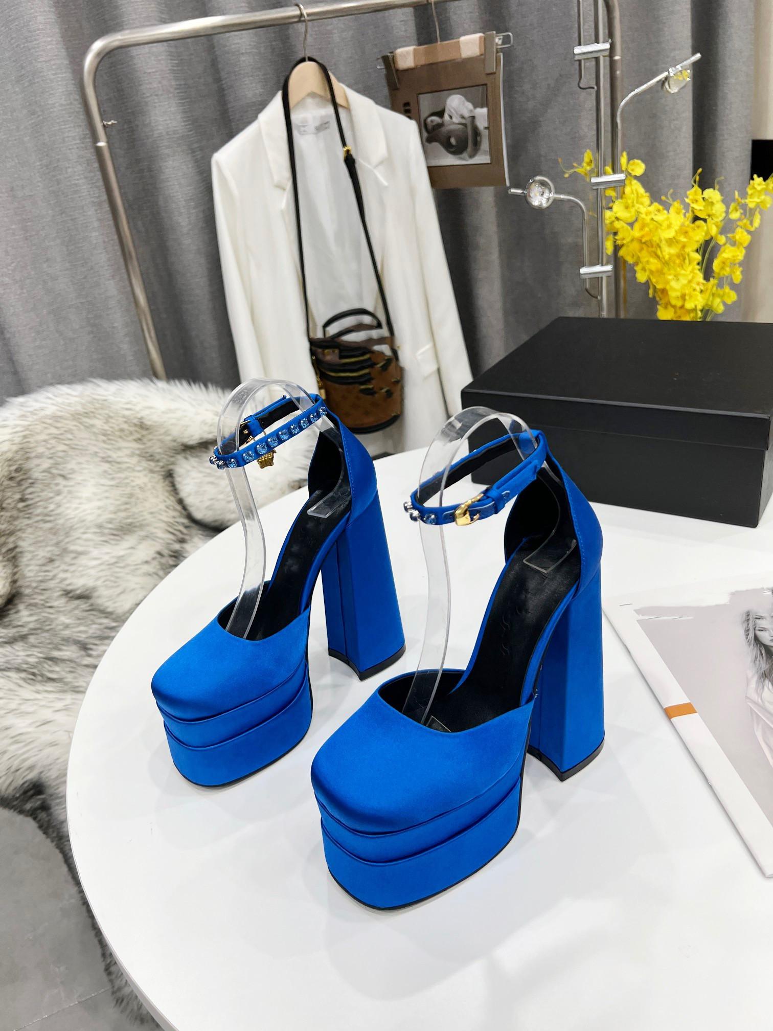 

New Luxury AEVITAS Sandals Waterproof Platform High Heel Personalized Satin Catwalk Design Thick Heel Double Ankle Strap Decorated Rhinestones Size 35-42, Box
