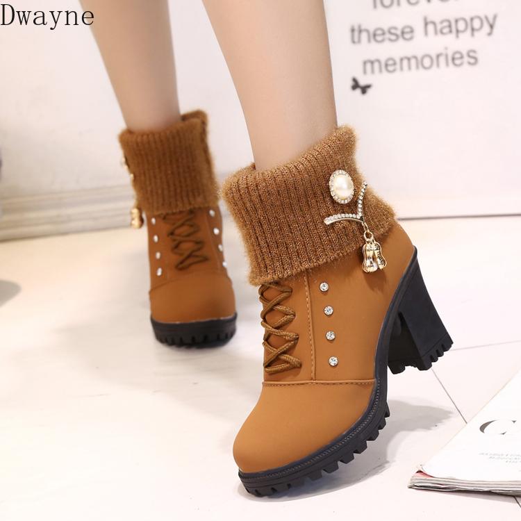 

2020 new European and American autumn and winter boots British wind high heel boots with thick velvet women's, Orange