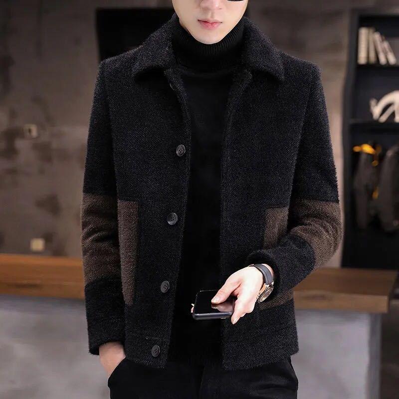 

Wool Short Jacket Men's Korean Style Trend Thickening Niz Mid-Length Coat Trench, Black