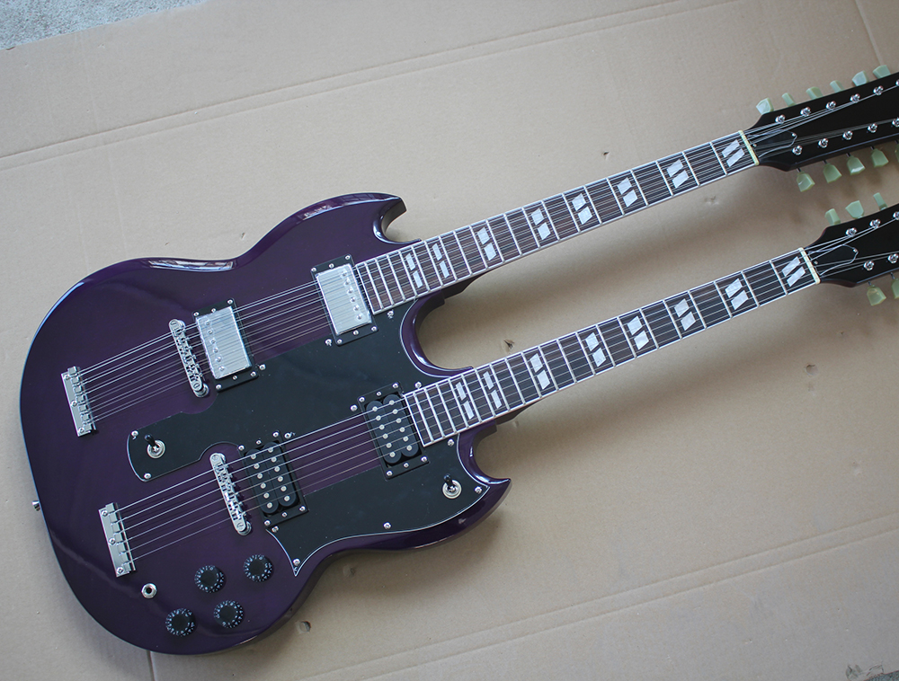 

Factory Custom Purple Double Neck Electric Guitar With 6+12 Strings Guitar,Chrome Hardware,White Pickguard,Offer Customized
