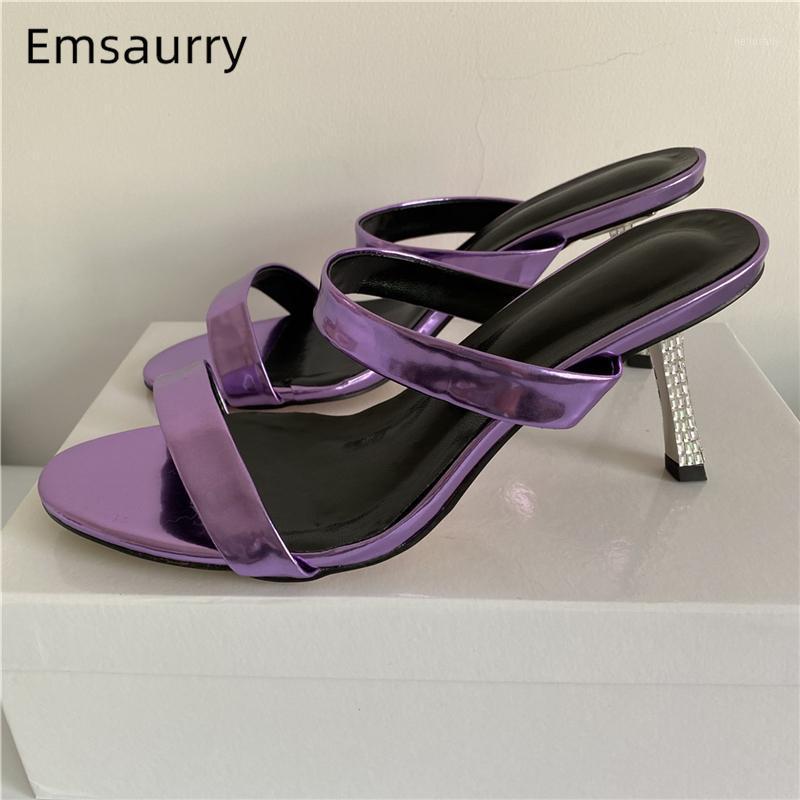 

Sexy Narrow Band Runway Mules Women Jeweled Rhinestone Thin Heel Bright Genuine Leather Open Toe High Heel Summer Sandals1, Red suede