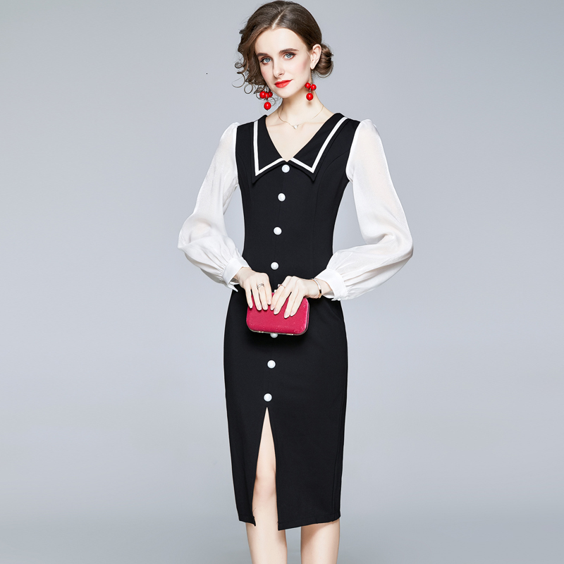 

2021 New Merchall Autumn Winter Women Runway Lantern Sleeve Peter Pan Collar Single Breasted Bodycon Split Black Party Es 7k9v