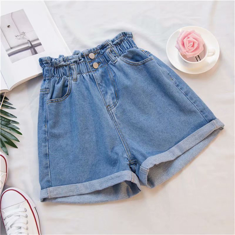 

Pockets Button Women Denim Shorts Plus Size 5XL Black Harem Ruffle Casual Shorts Summer High Waisted Elastic Hot Bottom Female T200701, Black gray
