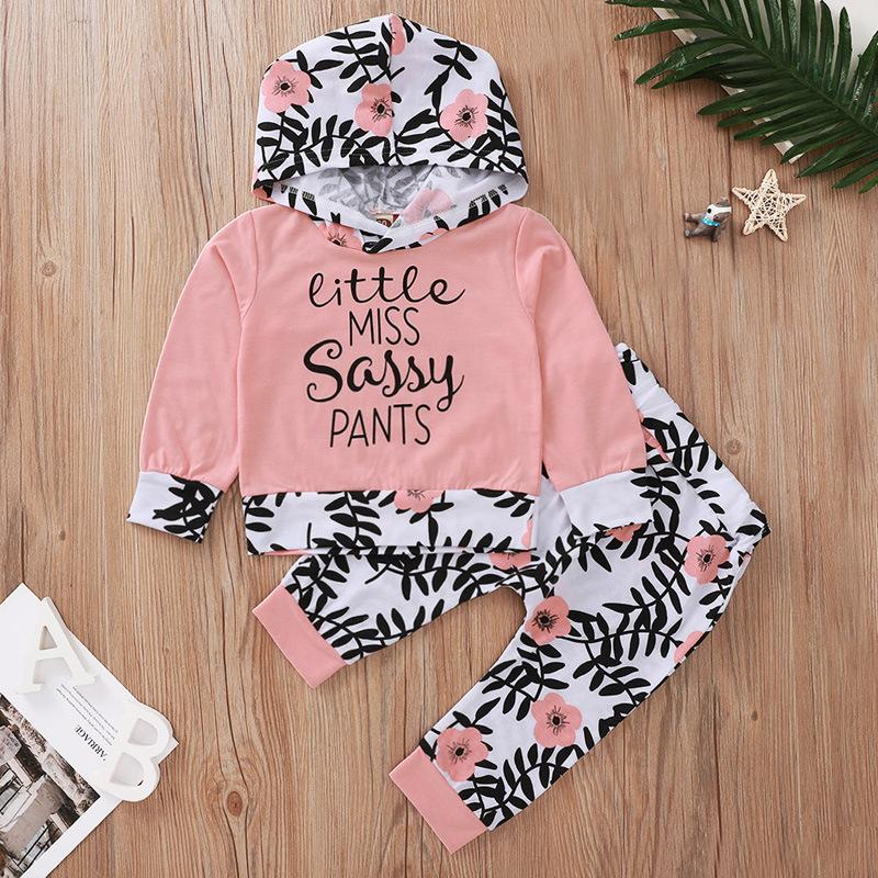 

2020 Baby Girls 2 PCS Set Little Miss Sassy Pants Letter Print Pink Long Sleeve Sweatshirt and Floral Pants Kid Girl Clothing