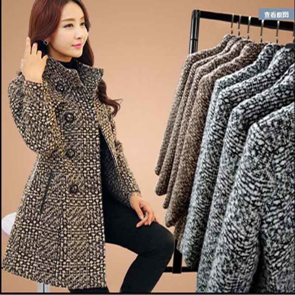 

2020 Autum Women Houndstooth Plaid Woolen Female Middle Long Mother Winter Coat, Coffce