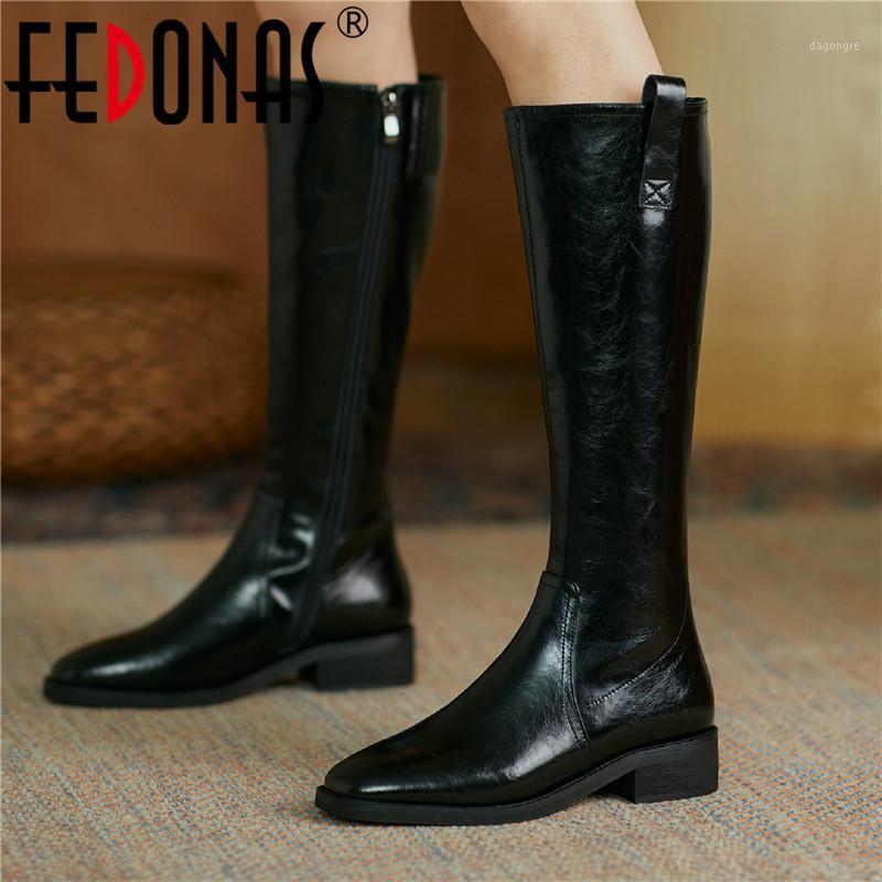 

FEDONAS Elegant Winter Boots Women 2020 Fall Thick Heels Shoes Woman Heels Genuine Leathe Office Lady Party Knee High Boots1, Brownr
