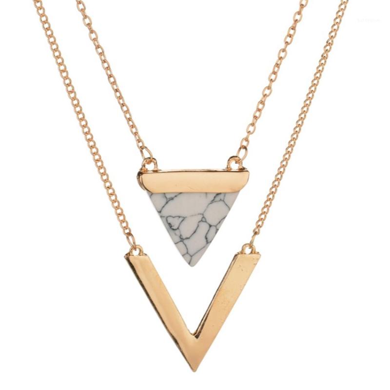 

FYJS Unique Light Yellow Gold Color Layer Geometric White Howlite Stone Pendant Necklace Link Chain Jewelry1