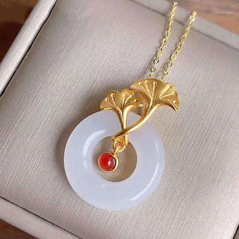

Silver Inlaid Natural Hetian Lanzhi Jade Safety Ring Pendant Necklace Chinese Style Retro Minority Design Women's Jewelry Chains