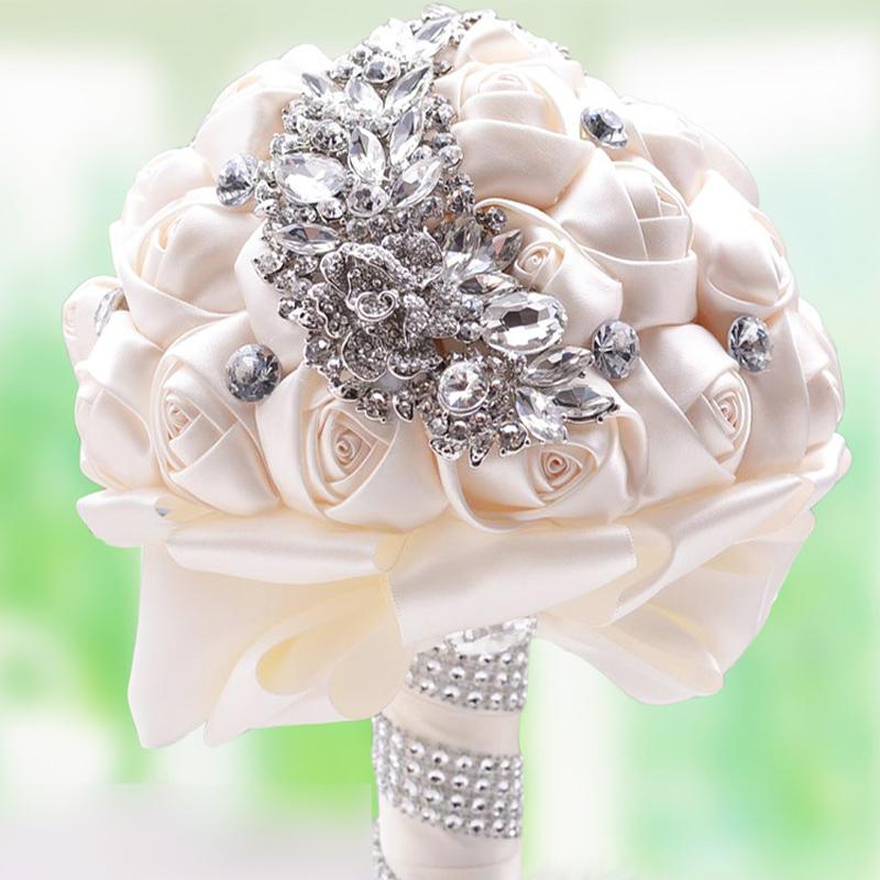 

100% New Handmade Silk Rose Arititicial Flowers Bride Hand Holding Flower Rhinestones Patchwork Bridal Bride Wedding Bouquet, Pink