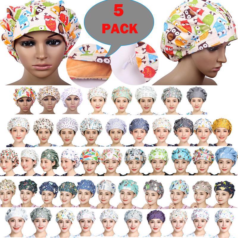 

5PCS/Lot Random Send Wholesale Women Men Scrub Cap Reuseable Working Caps Cotton Adjustable Sweatband Bouffant Hats Hair Cover1, As pic
