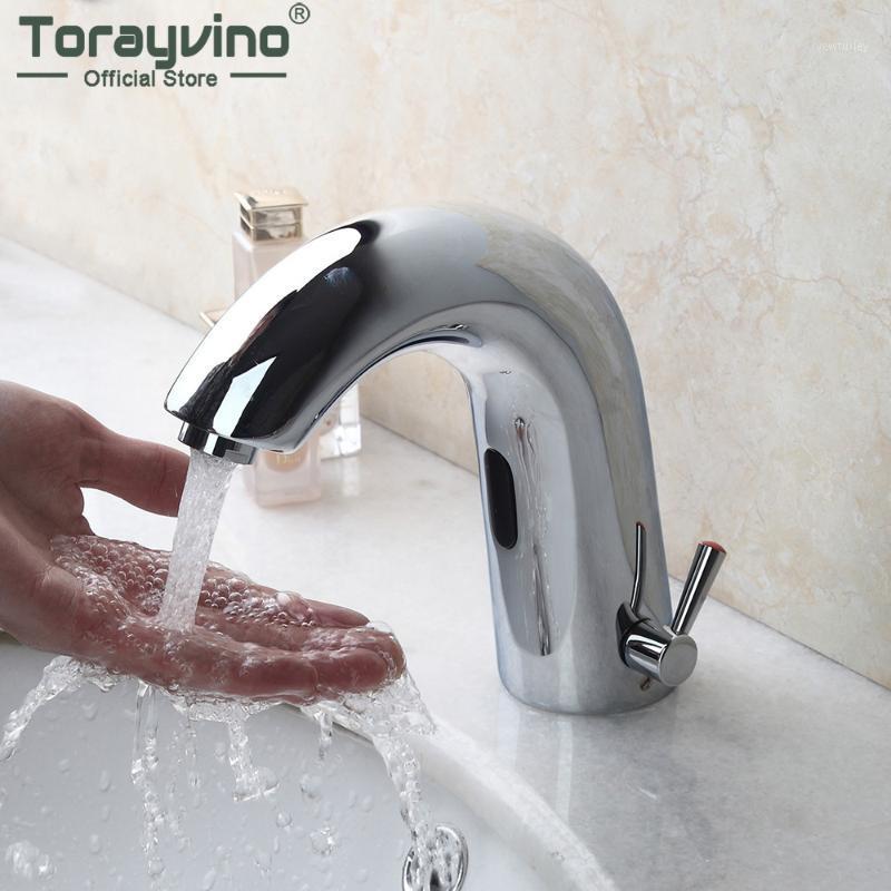 

Torayvino Chrome Polished Automatic Touch Free Hands Bathroom Faucet Basin Sink Sensor Faucet Deck Mounted Mixer Water Tap1