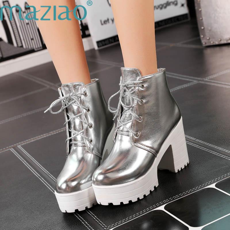 

Gold Silver Women Boots Fashion Sexy High Heels Patent Leather Ankle Boots Platform Shoes Woman Creepers Size 33-43 MAZIAO