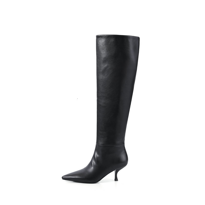 

2021 New Top Quality Genuine Leather Knee Boots Fashion Concise Pointed Toe High Heels Party Shoes Woman Kqpo, Black
