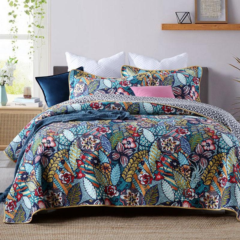 

CHAUSUB Cotton Bedspread on Bed Quilt Set 3pcs Flower Print Quilts Bed Cover Pillowcase  Queen Size Coverlet Quilted Blanket, No1