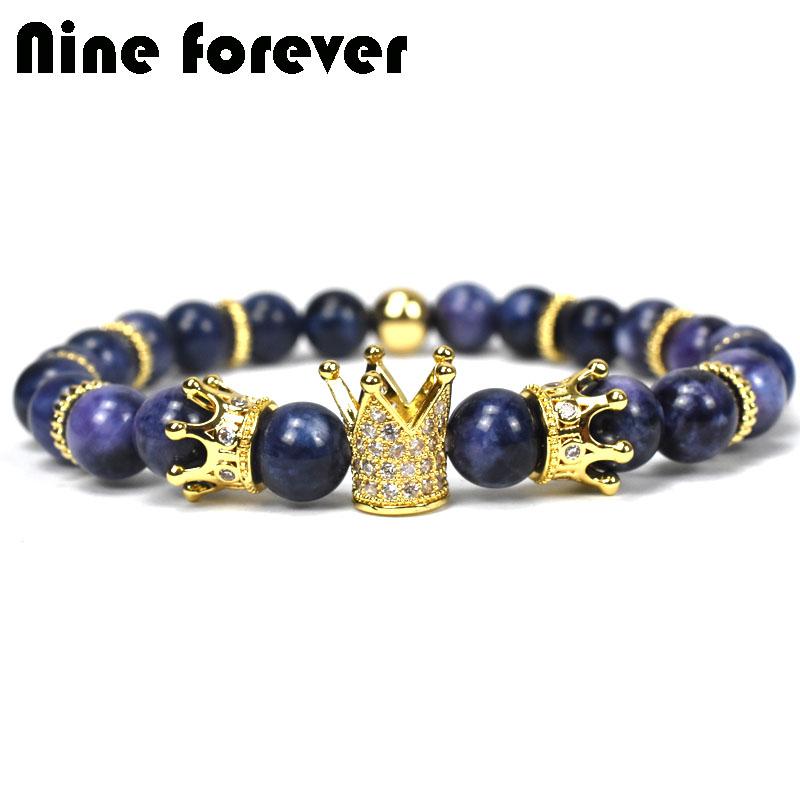 

Nine forever natural stone beads bracelet men jewelry king crown charm bracelets for women pulseira masculina feminina bileklik