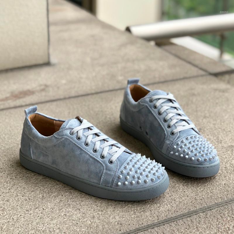 

Grey Suede Leather Men Casual Shoes Studed Flat Low Top Spike Sneakers Men Runway Chaussures Hommes1, Black