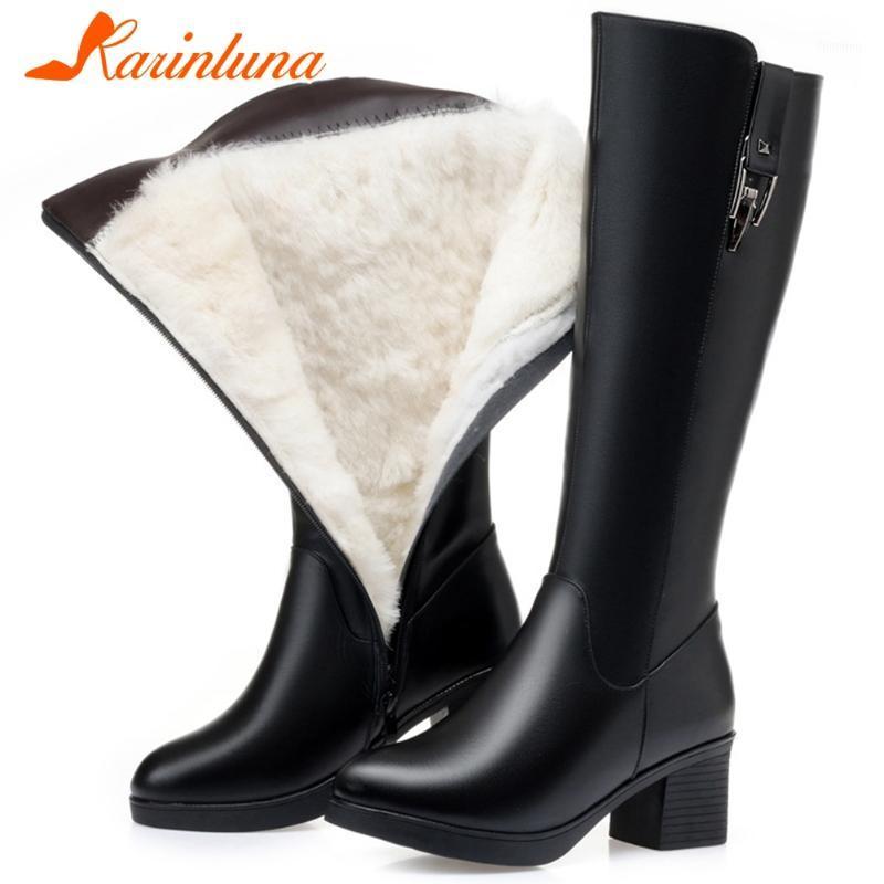 

Karin Female woman shoes Genuine Leather 2020 New Brand Zipper Thick Heels Knee High Boots1, Black wool
