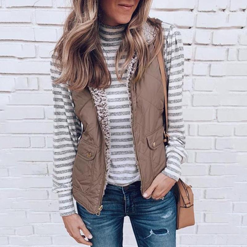 

Women's Short Vest Jacket Sleeveless Portable Office Lady Women Vests Coat 2020 Winter Plush Waistcoat Female #T3G1, Khaki
