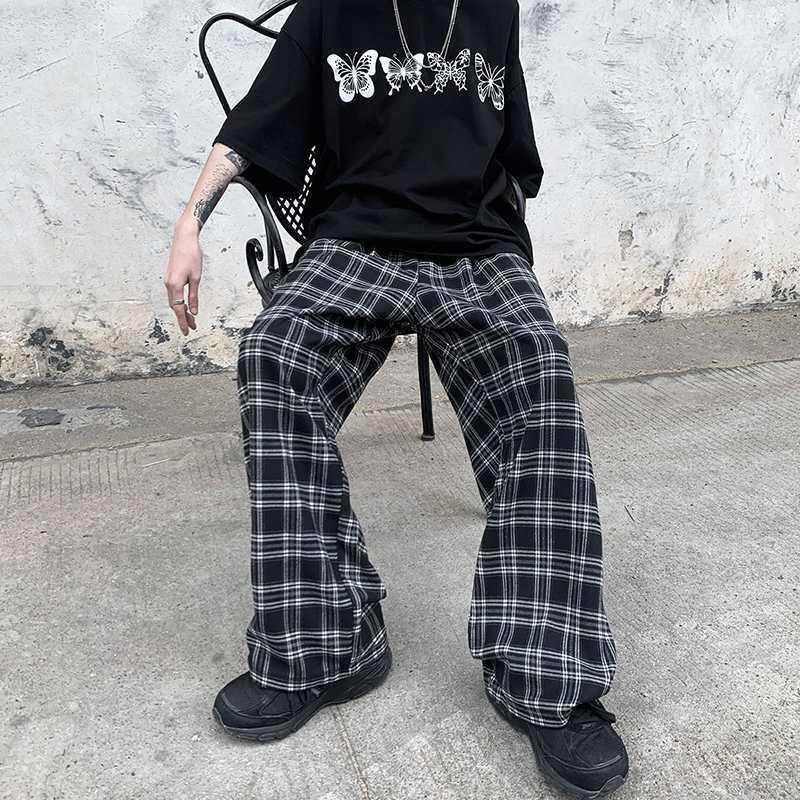 

Summer and autumn all-match personality plaid wide-leg trousers men' loose straight ins casual pants trend1, Black grid