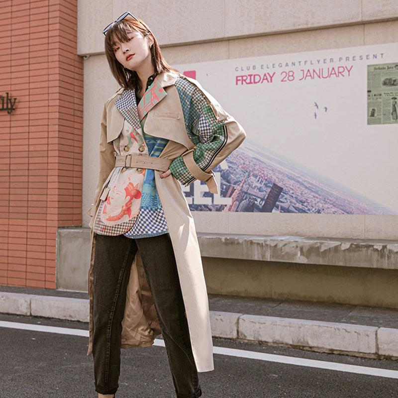 

2020 New Spring Plus size Irregular Waist Belts Printed Patchwork Windbreaker Women Double breasted Casual Trench coat Outerwear, Khaki