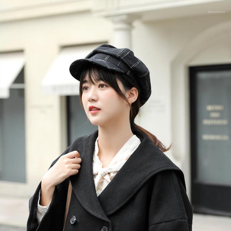 

Hat Female Autumn And Winter Korean Version Of The Octagonal Cap British Retro Beret Winter Warm Navy Cap Woolen Lattice1, Black
