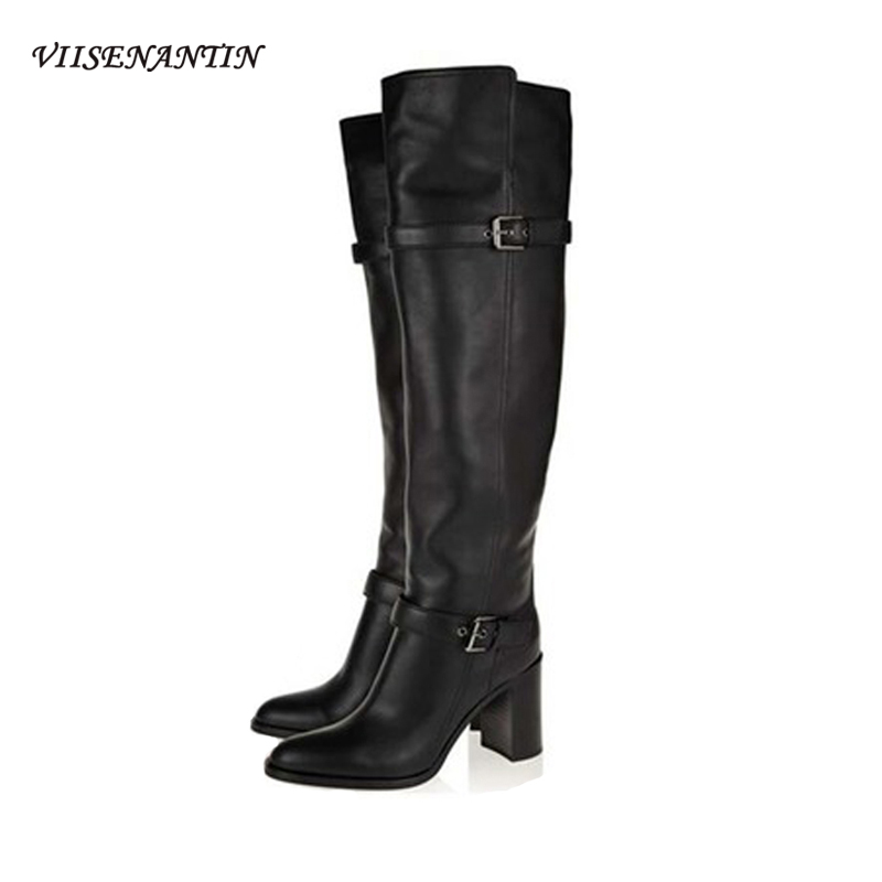 

VIISENANTIN 2020 Autumn Winter New Style Real Leather Round-head Thick-heel High-heel Over The Knee Boots, Plush leather
