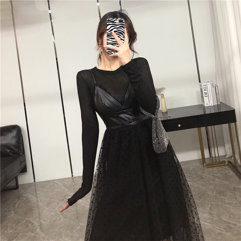 

2 Piece Defines for Women Falling Hepburn Style Two Sexy Suit Pieces Sheer Bottoming Upper Shirt Leather Dress Matching Sets 2912 MPRV, Black