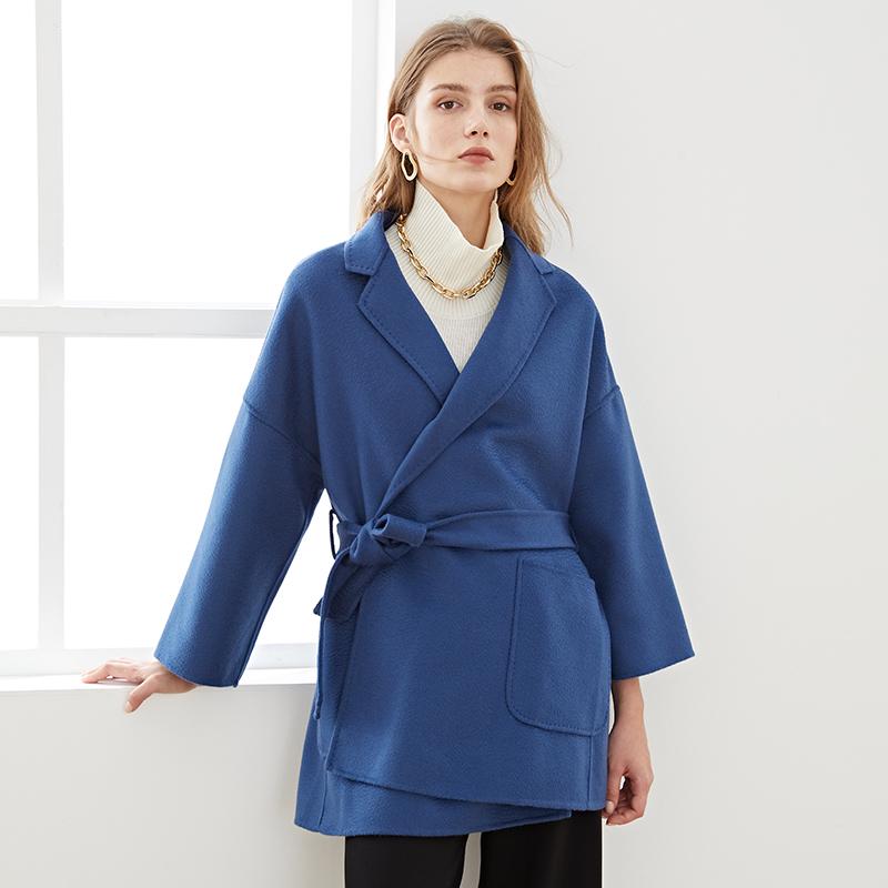 

Loose Water Ripple Bathrobe Lacing Short Double-Faced 100% Pure Wool Overcoat Woolen Coat 2020 Winter Fashion New Women' Wear, Black