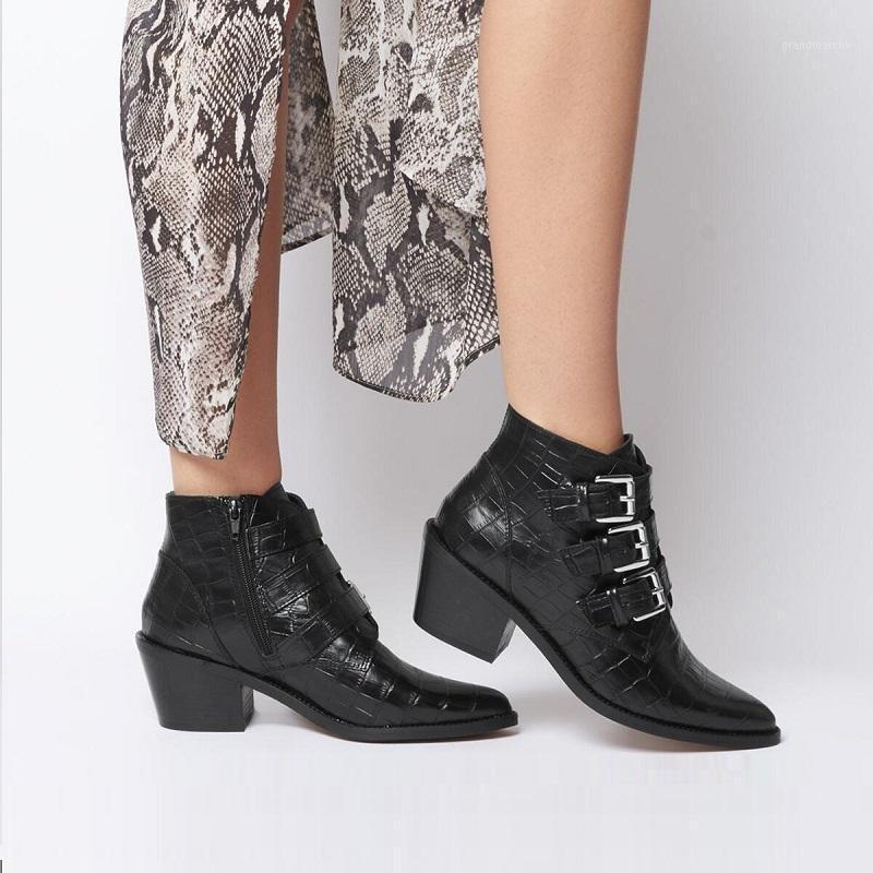 

Women ankle boots autumn winter black pu leather mid heels ladies shoes punk buckle strap pointed toe sexy boots1