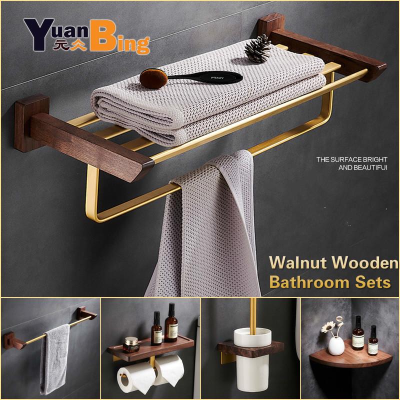

Walnut Wooden Bathroom Accessories Set Bath Towel Rack Towel Bar Set Toilet Paper Holder Bathroom Hardware
