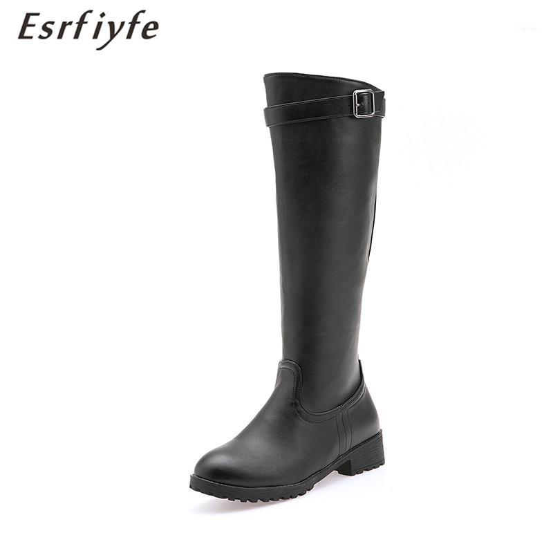 

ESRFIYFE 2020 New Large Size 33-50 Women Knee High Boots Buckle Women's Motorcycle Boots Side Zipper Short Plush Winter1, Black