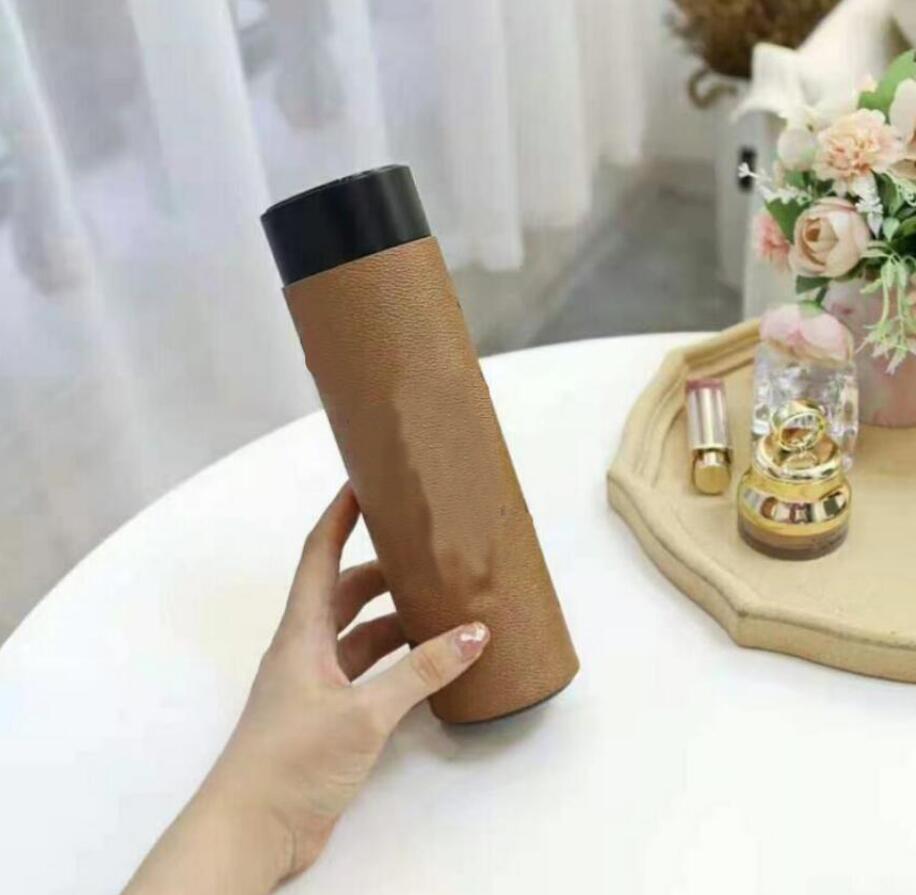 

With Box Brand Designer Letter Thermal Insulation Vacuum Water Bottle Mugs Kettle Cup With Coffee Cups Men And Women Favorite Stainless Steel Real Leather 480 ML, Black
